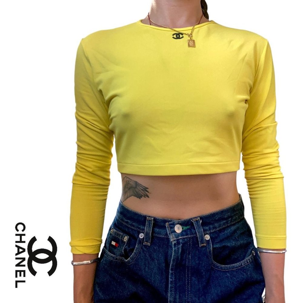 iconic chanel vintage sporty y2k spring 1995 neon yellow black CC logo crop top